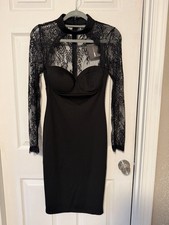 Fashion Nova The Case of Lace Dress Black Size M Mid Length Long Sleeve NWT