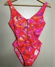 Vintage 90s Sessa High Thigh One Piece Neon Metallic Zipper Swimsuit Sz 6 USA