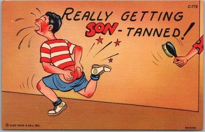 c1940s Artist TIMMONS JR. Comic Postcard ''Really Getting SON-Tanned'' Spanking