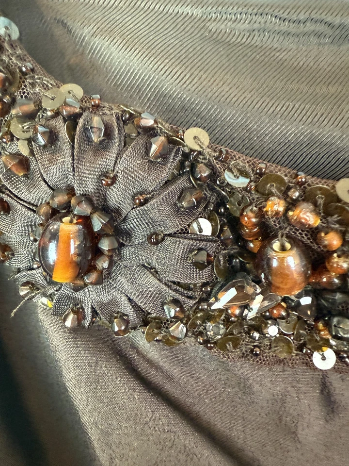 MaxMara 连衣裙女式 8 棕色丝绸鞘串珠装饰鸡尾酒意大利 — 第 3/4 张图片