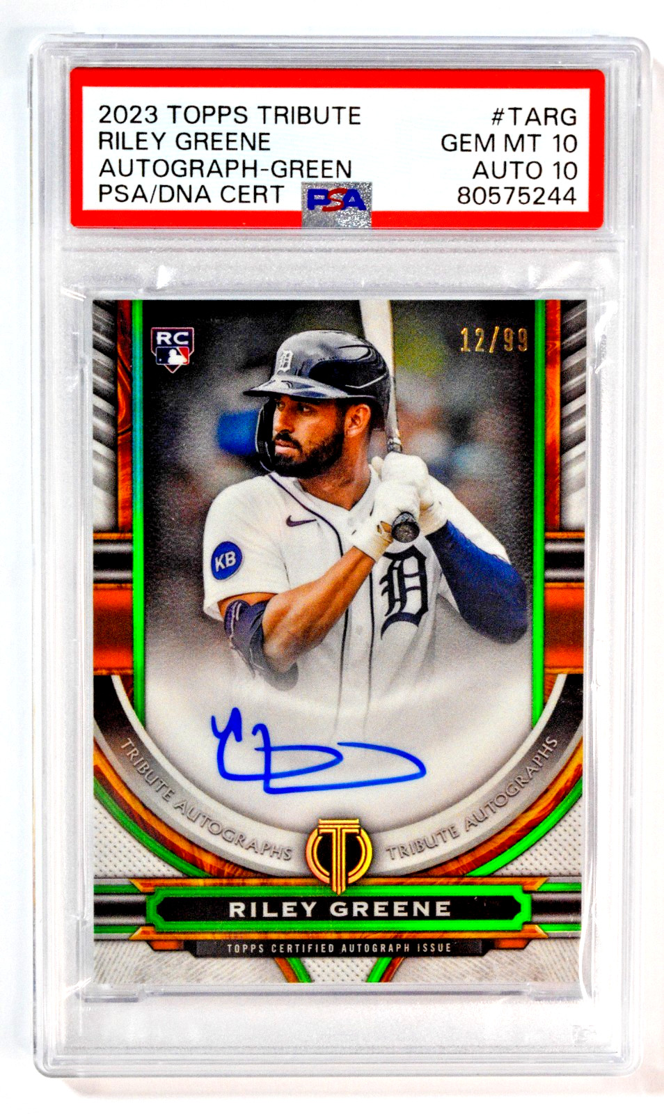 2023 Topps Tribute Autographs #TARG Riley Greene RC Rookie Auto Green /99 PSA 10