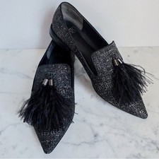 Franco Sarto TOPAZ Black Tweed Shimmer Feather Tassel Point Toe Flats Size 7