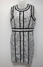 Calvin Klein Women 12 White Black Tweed Black Trim Sleeveless Sheath Lined Dress