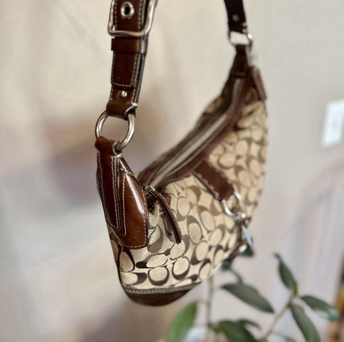 Coach Brown Signature Jacquard Canvas Leather Trim Shoulder Bag