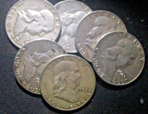 Lot of 6 Franklin Half Dollars, $3.00 face value .900 silver, LOW Shipping cost