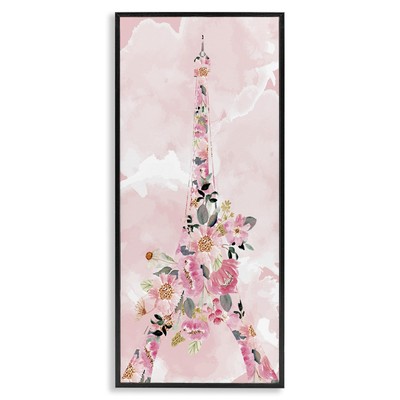 Floral Pattern Eiffel Tower Pink Cloudy Sky, Designed by Kim Allen Black Fram...