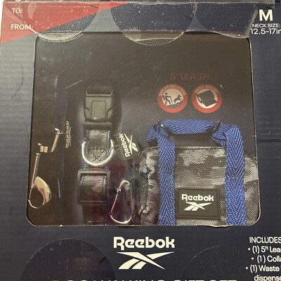 Reebok Dog Walking Set 5' Dog Leash Collar & waste Bag Dispenser Set M 12.5-17in