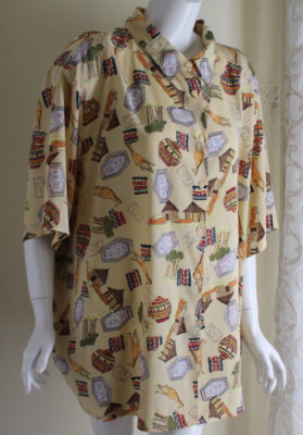 Maggie Barnes Sz 32W 4X Tribal Africa stamps giraffes Huts Blouse Tunic Shirt