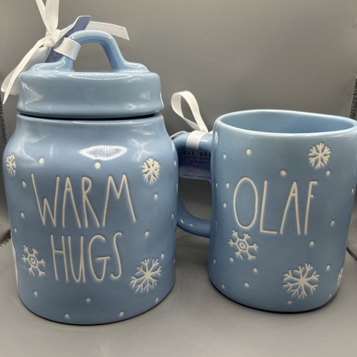 Rae Dunn Disney Frozen WARM HUGS Canister And OLAF Mug Blue White Snowman NEW - Picture 2 of 2