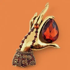 FIGURAL HAND BROOCH or PENDANT  gold/amber-tone vintage inspired crystal pin 6W