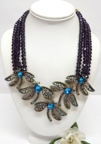 PURPLE CRYSTAL BEAD & BLUE RHINESTONE DRAGONFLY STATEMENT NECKLACE 19"
