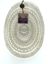 Artistic Accents White Glass Oval Serving Bowl Gold Lace Print Handmade NWT
