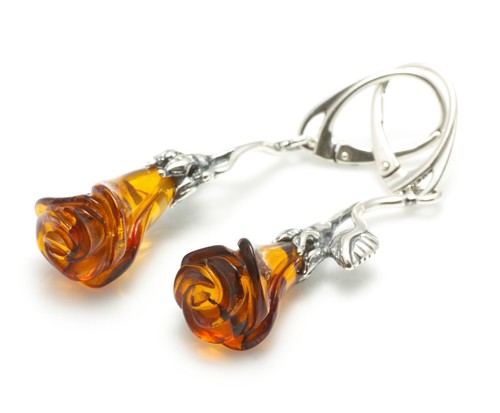 NATURAL BALTIC AMBER STERLING SILVER 925 Earrings Rose Droop Dangle Certified - Picture 4 of 11