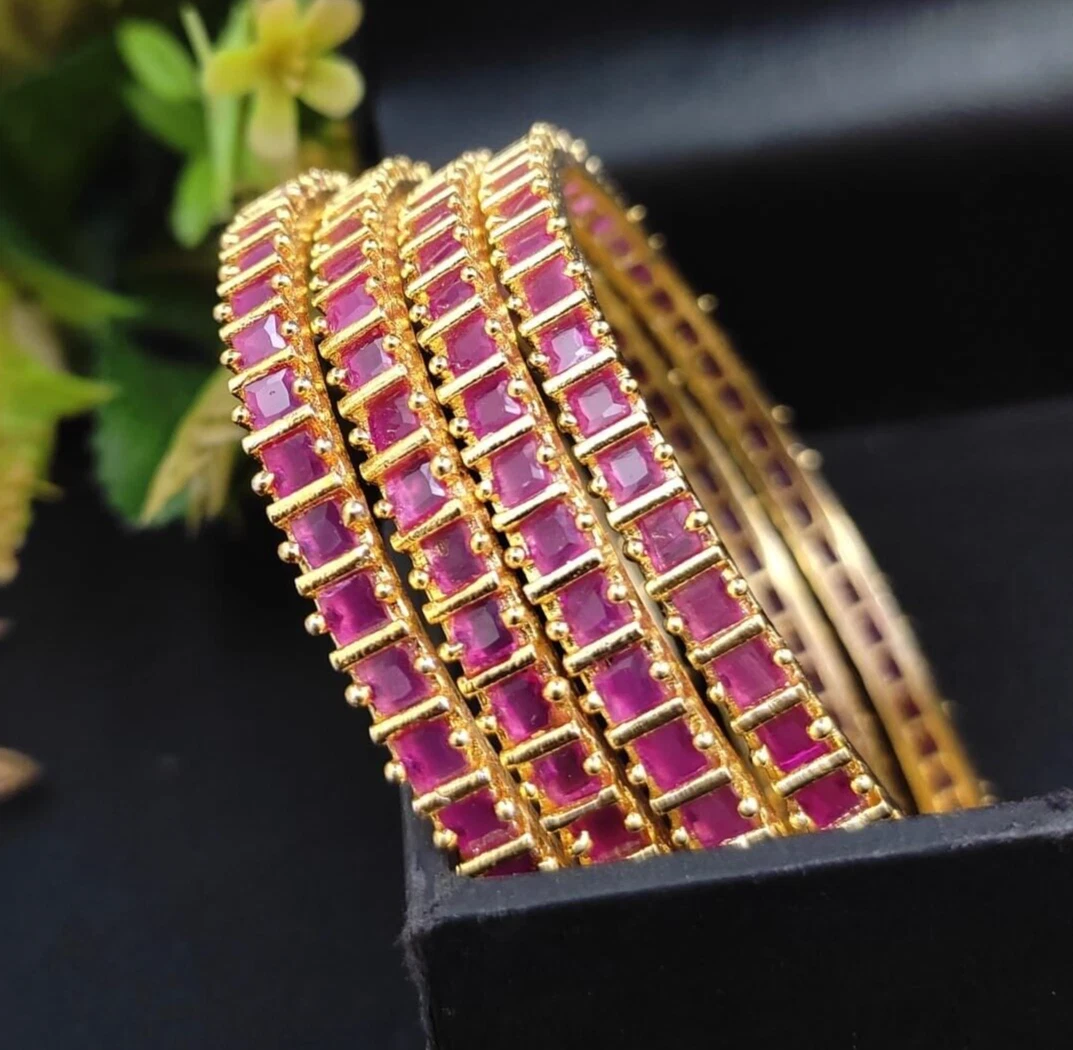 Indian Bollywood Style Gold Plated Set of 4 Ruby Bangles Bracelet Jewelry Set