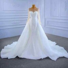 Luxury Mermaid Wedding Dress Round Neck Long Sleeve Detachable Train Bridal Gown
