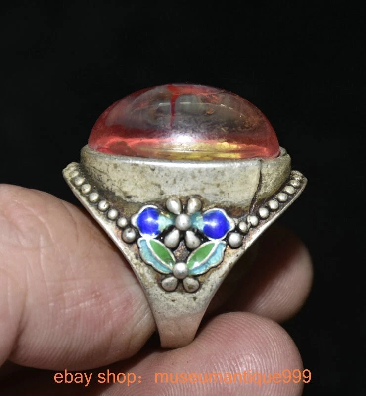 1.4" Old Chinese Cloisonne Silver inlay red gem plum blossom Jewelry Ring - Image 4 of 4