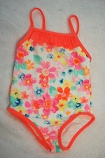 Baby Girls Swimsuit WHITE w/ PRETTY FLOWERS Orange Trim 0-3 3-6 6-9 12 18 24 MO