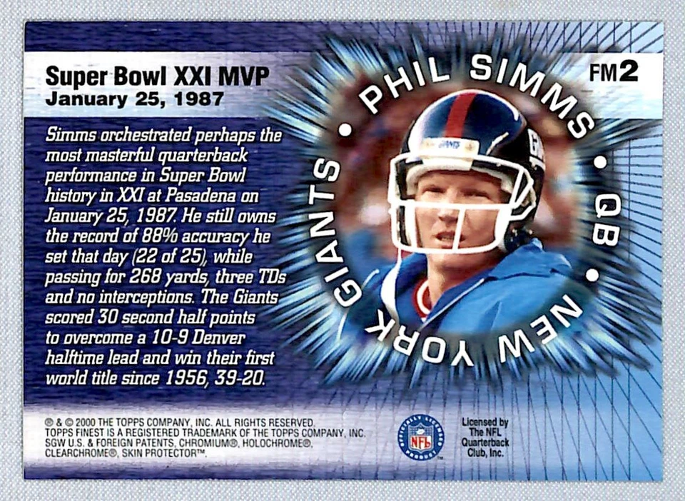 2000 Topps Finest Moments Phil Simms #FM2 New York Giants - Image 2 of 2