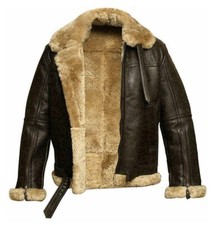 Mens RAF Bomber Shearling Leather Jacket Fur Sheepskin Brown Aviator WW2 Flight