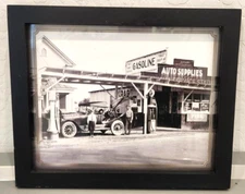 Antique Gas Station Tow Truck Auto Supply Store Black & White Print Under Glass