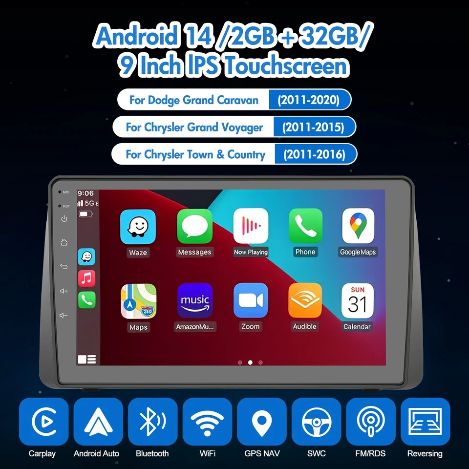 For 2011-2020 Dodge Grand Caravan Apple Carplay Car Radio Android GPS FM Stereo Foto 4 de 4