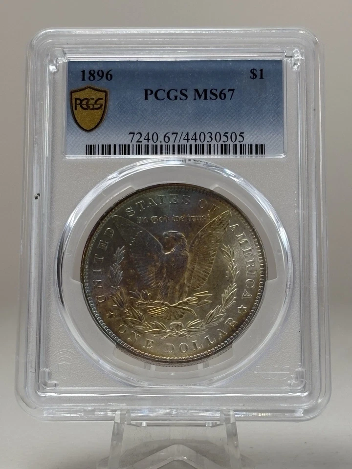 1896 年美国摩根银元,PCGS 评级 MS 67 彩虹色调 #44030505
