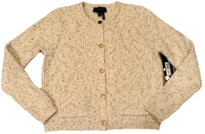 NEW Donna Karan New York Metallic Cardigan Cream Gold Button Front Pockets Med