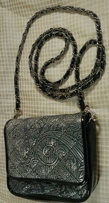 PICARD QUILTED Black PATENT LEATHER AND BROCADE CROSSBODY CHAIN HANDLE NICE!