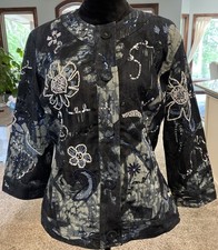 Chicos Fancy Denim Jacket With Floral Embroidery  Sequins Patterns Size 2