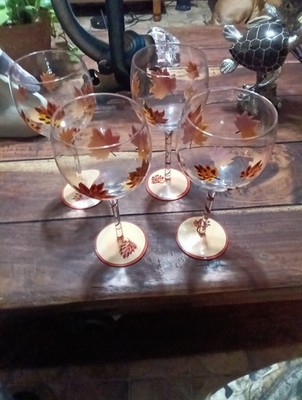 Vintage Gibson 14-OZ Hand-Painted Wine Glasses (3) Fall Leaf Pattern 8.75  Tall