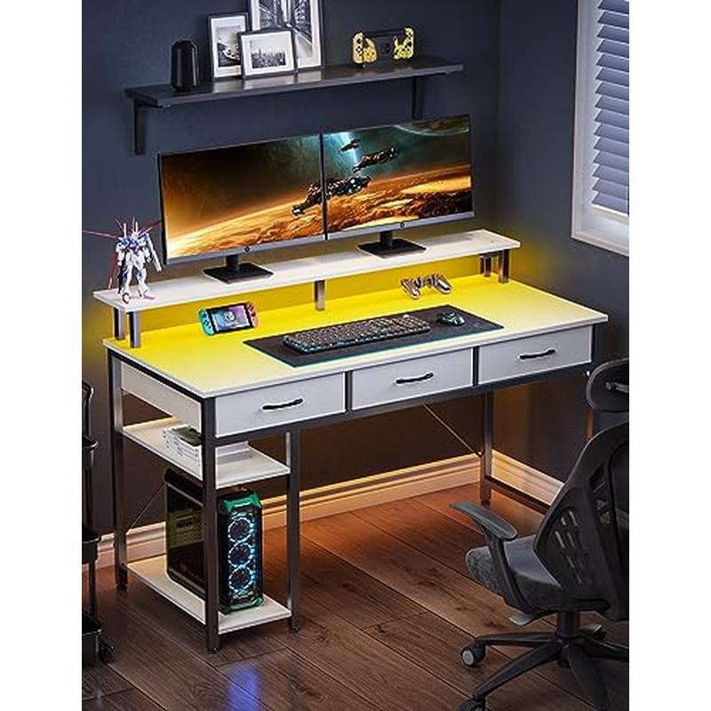 Computer Desk W/ Power Outlet LED Light Storage Drawers Gaming Workstation New-image