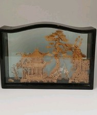 Vintage Diorama Art Glass Framed Chinese 3D Pagoda Crane Shadow Box Read Descrip