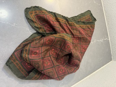 Square 100% Silk Hand Rolled Scarf Made In Italy 16 x 16  Green, Red, Tan