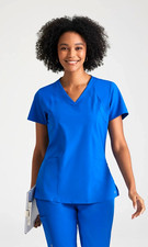 Barco One Women  s Blue V-Neck Short Sleeve Scrub Set Drawstring Pants S
