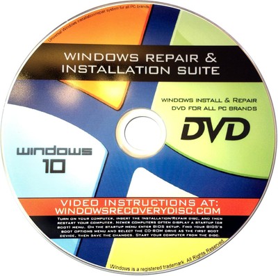 Recovery, Repair & Re-install disc compatible with MS Win 10 32/64 bit 