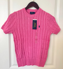 Polo Ralph Lauren Mujer Pima Algodón Manga Corta Tejido Suéter Rosa XS NUEVO CON ETIQUETAS