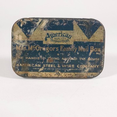 Mrs McGregors Family Nail Box   American Steel & Wire   Small Vintage Tin w/ Lid