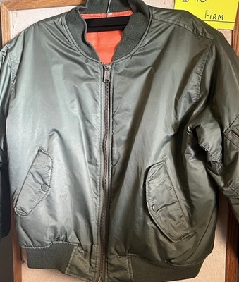 Men's Green Bomber Jacket Orange Lined Full Zip Band Collar Size M