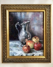 18x15” Original Oil Painting Silver Pitcher Apples Framed Signed By Artist