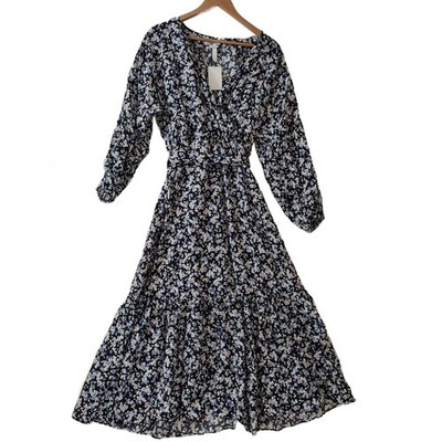 H&M Damen Blumen Wickel Midi Kleid S fließend Blumen Bindeband Taille Boho Chic V-Ausschnitt