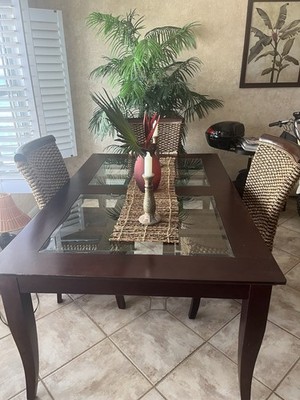 Dark Wood Glass Dining Table Set Rectangular seats 6