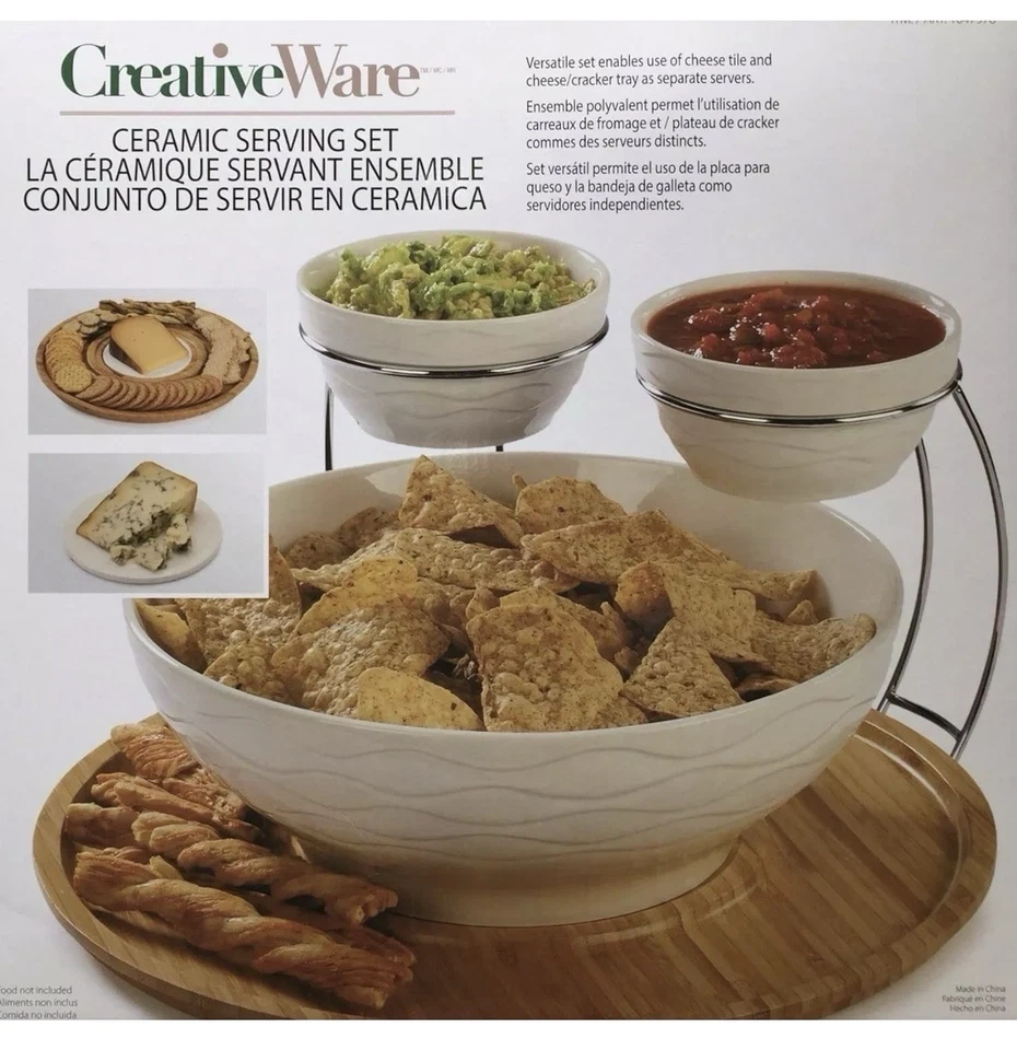 CreativeWare Wine & Dine Ceramic Serving Set w/Bamboo Tray (Cocktail Party) - Image 2 of 4