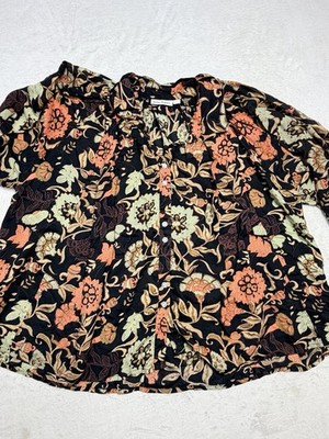Roller Rabbit Block Print Cotton Blouse Sz L Black Floral Grandmillennial Remix