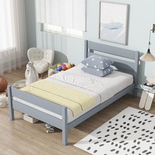 Twin Bed Frame w/ Headboard & Footboard, Rubber Wood, Grey, Easy Assembly