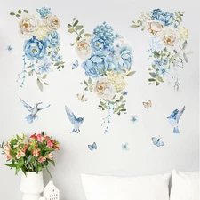 Yovkky Blue White Flower Birds Wall Decals Stickers, Peony 