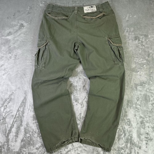 Vintage Y2K Hurley Green Military Fatigue Baggy Skater Cargo Pants Size 36/34
