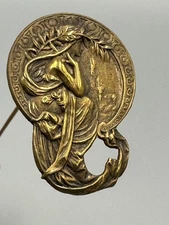 Antique ART NOUVEAU Mucha-Inspired Woman HATPIN Brass Stamped Antique Hat Pin
