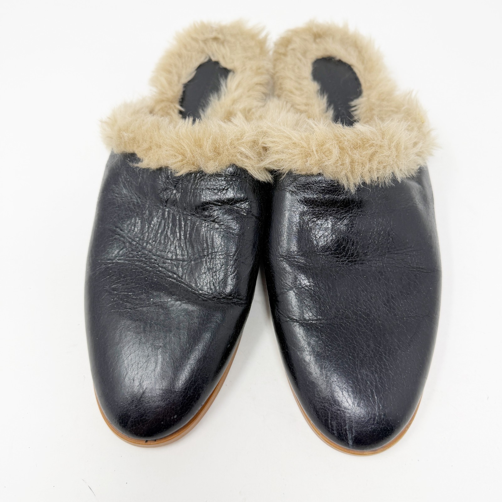 Zara Basic Collection Black Leather Faux Fur Mule… - image 3