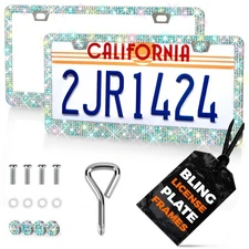 Bling License Plate Frame 2 Pack – Stainless Steel Sparkle License Plate Fram...