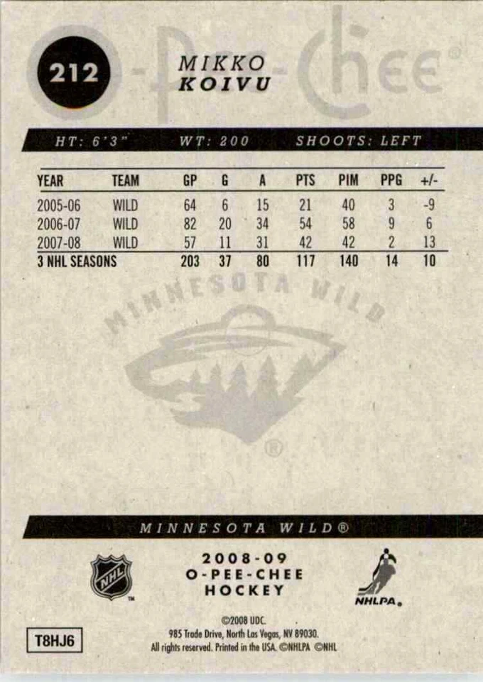 2008-09 O-Pee-Chee Mikko Koivu #212 - Image 2 of 2